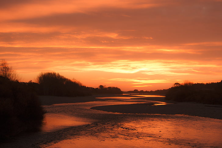 sunset, river, golden, orange, landscape
