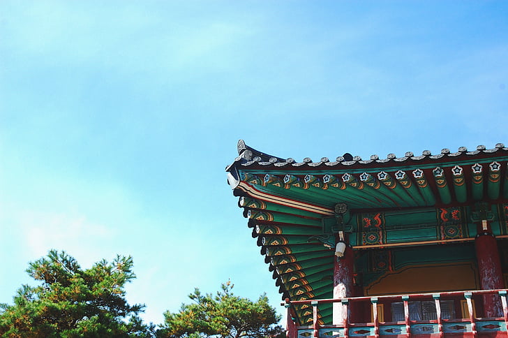 låg, vinkel, fotografering, grön, röd, Pagoda, templet