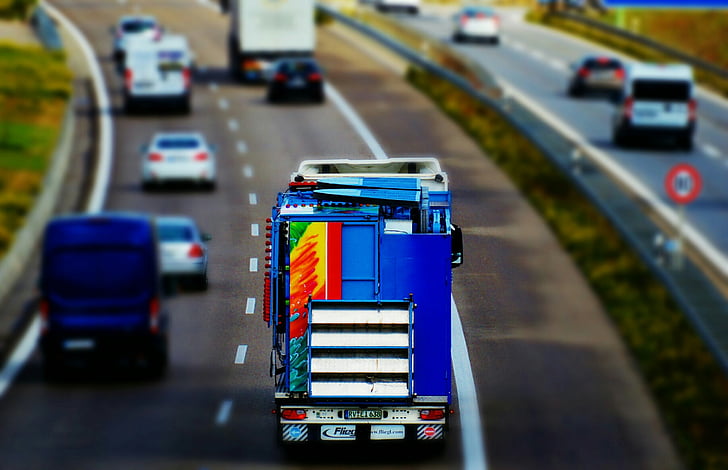 snelweg, vrachtwagen, verkeer, Tilt shift
