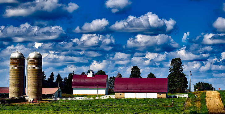 Iowa, boerderij, Panorama, silo 's, schuur, gebouwen, landbouw