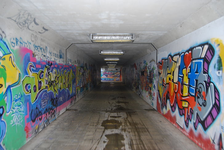 Graffiti, dessin, tunnel, peinture murale, vandalisme, tunnel pour piétons, à l’intérieur
