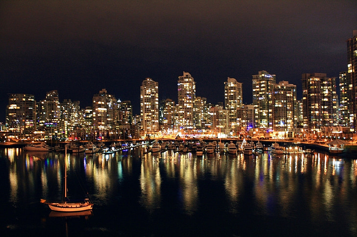Vancouver, malam, air, refleksi, pemandangan kota, perkotaan, lampu