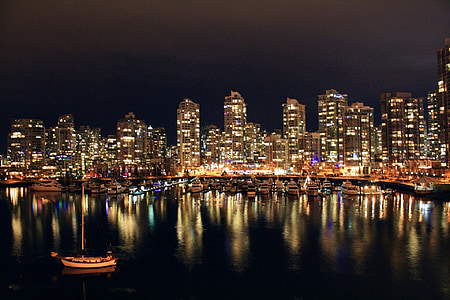 vancouver, night, water, reflection, cityscape, urban, lights
