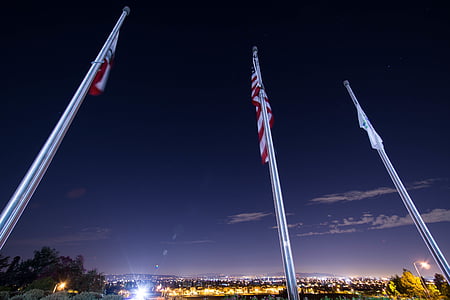 city, city lights, flag poles, flags, night, united states of america, usa