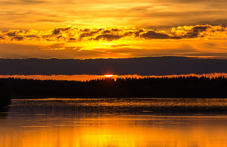 puesta de sol, Lago, Horizon, cielo, naranja, Kuusamo