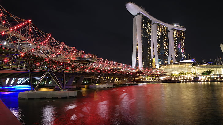 singapore, night, architecture, landmark, marina, asia, water
