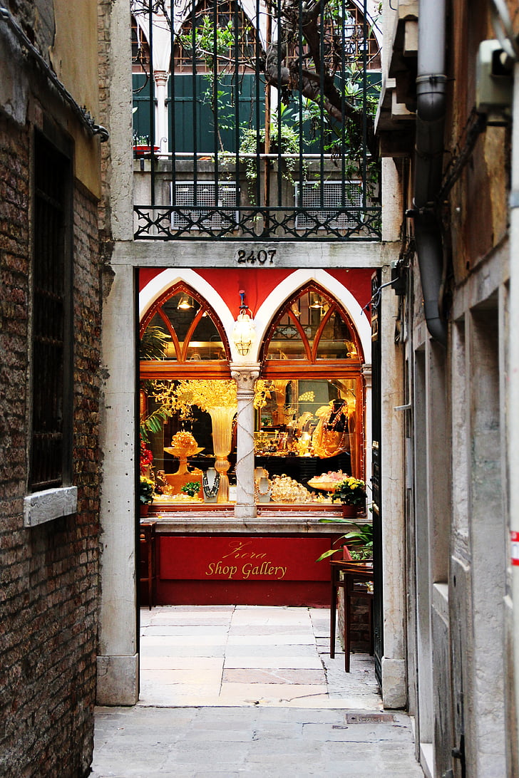 Venedig, gränd, företag, arkitektur, Europa, Street