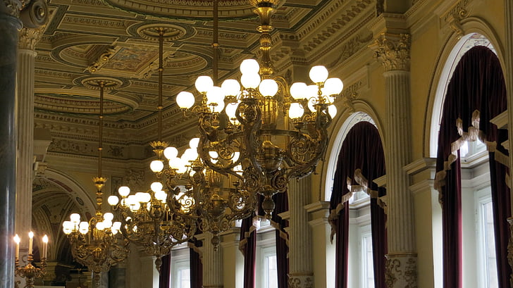 semper opera, interior, solemnly, chandelier illumination, ceiling