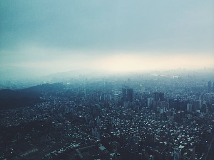 aerial, photography, cityscape, misty, sky, city, view