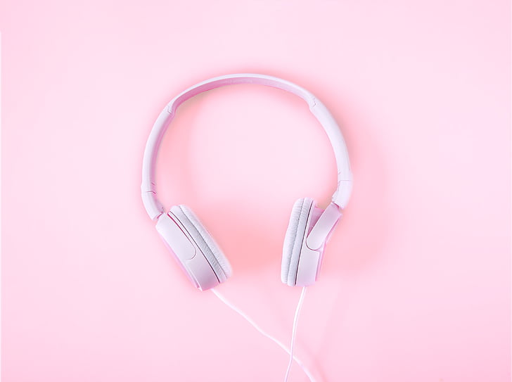 kõrvaklapid mikrofoniga, muusika, roosa taust, mängija, Kaunis, kuulata, emotsioonid