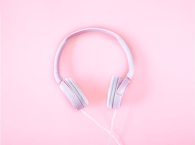 Zestawy słuchawkowe, Muzyka, różowy tło, gracz, piękne, słuchać, emocje