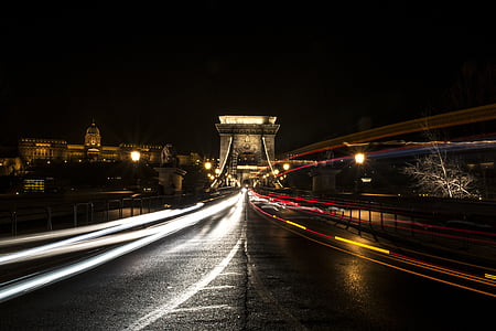 chain bridge, long shutter speed, night picture, city, light on, at night, budapest