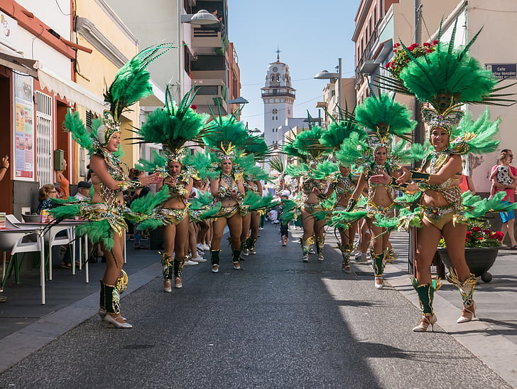 Carnaval, gezelschap, dans, kostuum, vrouw, groen, veren
