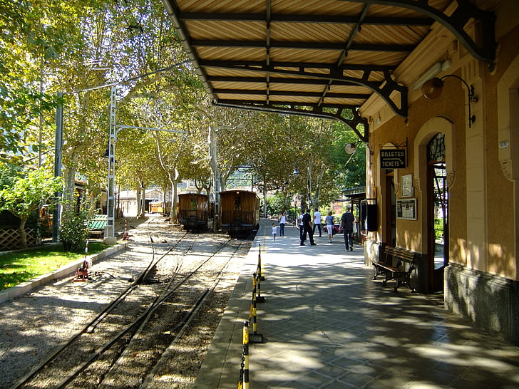 estación de, tren, Sóller, Mallorca, arquitectura, calle, árbol