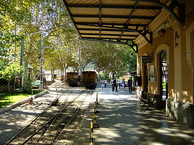 Station, tåg, Sóller, Mallorca, arkitektur, Street, träd