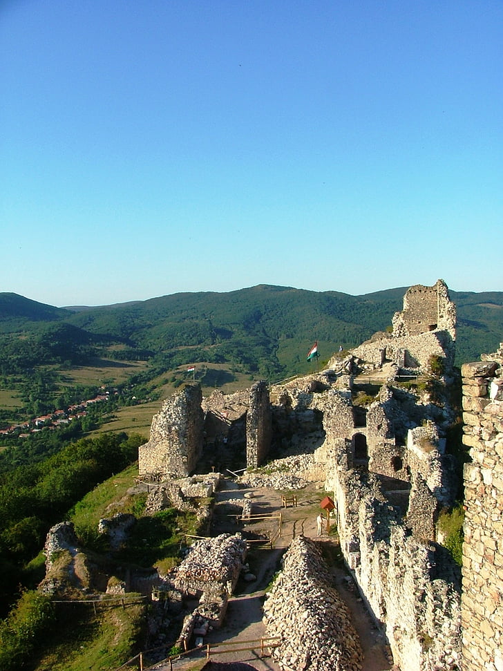 castle, castle ruins, forest, sky, nature, stones, zemplén-hg
