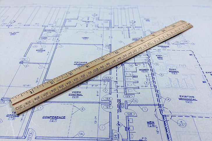Blueprint, régua, arquitetura, arquitetura, arquiteto, plano, indústria da construção civil