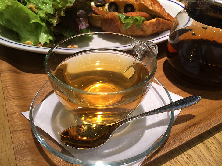 chá, chá Earl grey, copo de vidro, transparência, pote, âmbar, pequeno-almoço