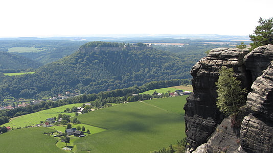 σαξονική Ελβετία, κρίνος πέτρα, βουνό ψαμμίτη, πανοραμική θέα από το lilienstein, τοπίο, φύση, Κοιτάξτε στο königstein φρούριο