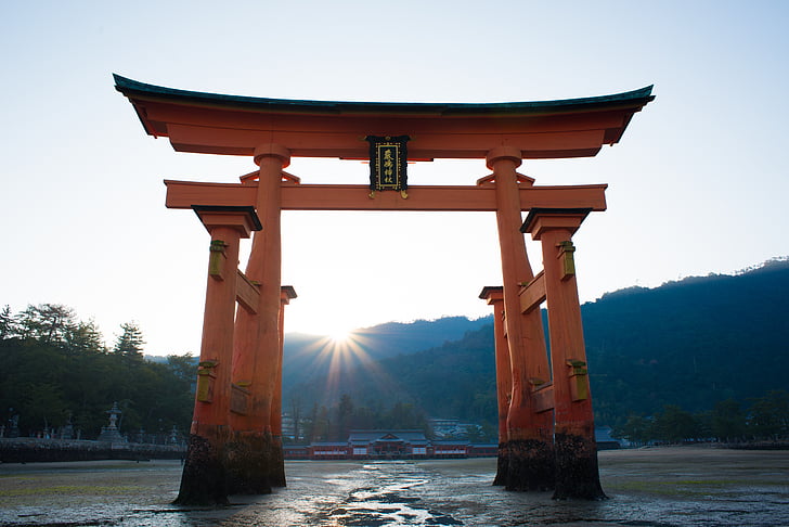 torii, shrine, sea, itsukushima shinto shrine, god, morning, asia