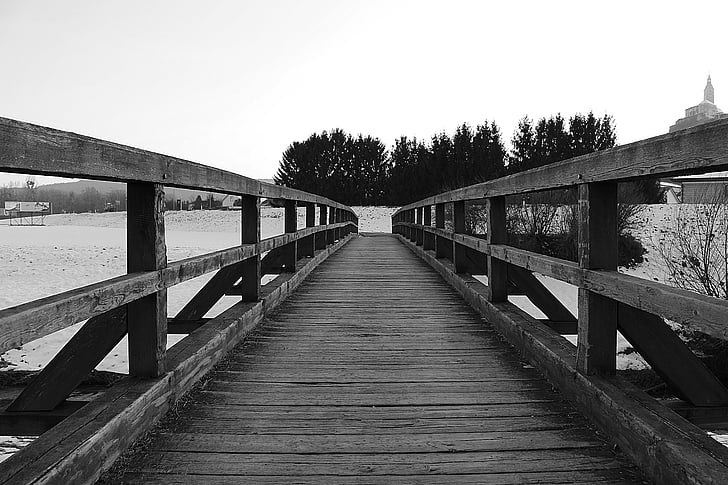 Jembatan, jembatan kayu, transisi, menyeberang, hitam dan putih, alam, kayu - bahan