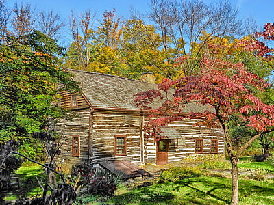pennsylvania, house, home, log cabin, landmark, historic, trees