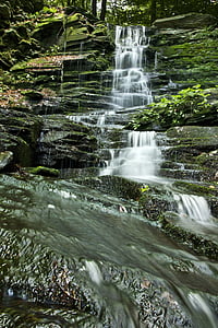 waterfall, cascade, water, stream, river, rock, green