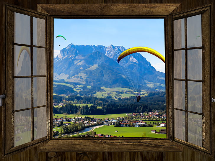 ablak, az Outlook, hegyek, Kaiser-hegység, Zahmer kaiser, Kunyhó, menet közben