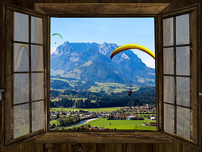 okno, programu Outlook, góry, Gór Kaiser, Zahmer kaiser, Hut, latać