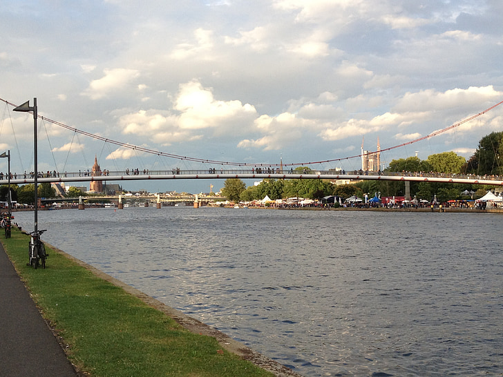 frankfurt, river, bridge, river bank, walk, city, historical
