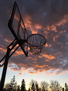 niebo, Koszykówka, zachód słońca, Sport, obręcz do koszykówki, Koszykówka - sport, na zewnątrz