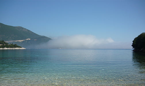 ομίχλη, έλαβε το πτυχίο της, Ιθάκης, Ελλάδα, στη θάλασσα, μέρος, θολό τοπίο
