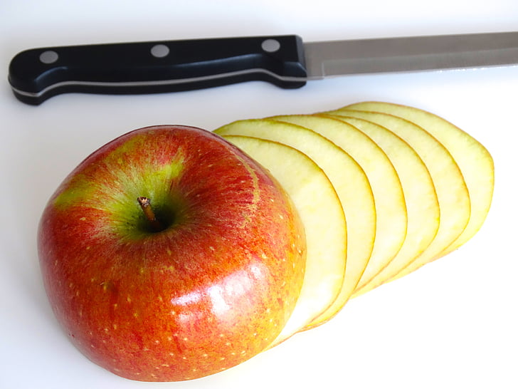 vaisių, obuolių, diskai, peilis, sumažinti, spalva, sveikas