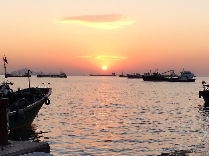 matahari terbenam, Pelabuhan, perahu nelayan