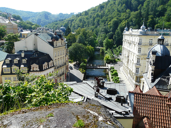Karlovy vary, Vale, raio de sol, paisagem, montanhas, hauswand, arquitetura