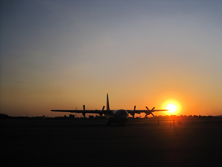 aircraft, flight line, c-130, transport, sunset, twilight