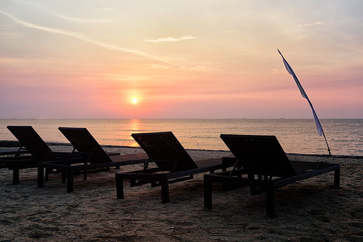 sunrise, thailand, beach, chairs, lounge, sky, tranquil