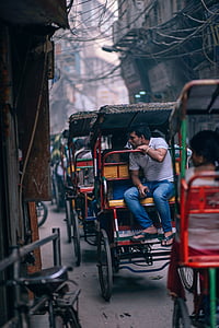 adulto, a lo largo de, Asia, Bazar, bicicleta, desenfoque de, borrosa