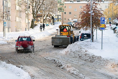 plough, street, winter, snow, cold, cars, covered