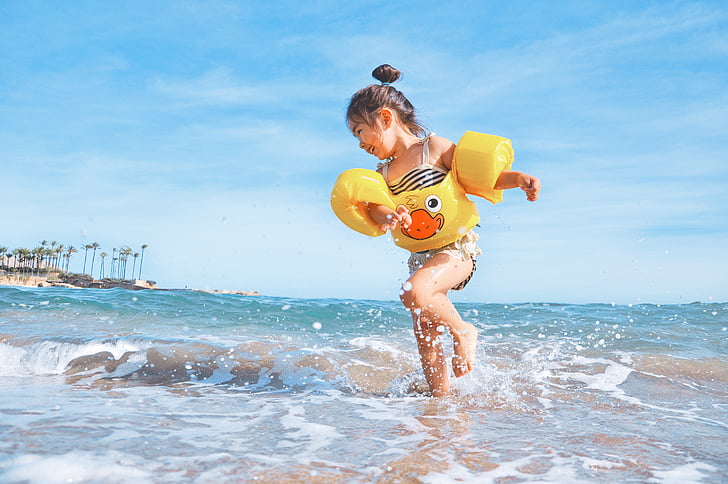 girl, playing, seashore, clear, sky, kid, child