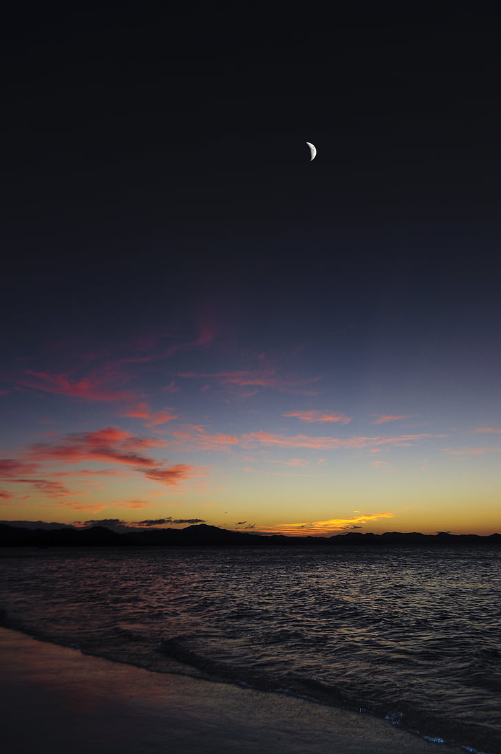 paisatge, platja, posta de sol, Lluna, nit