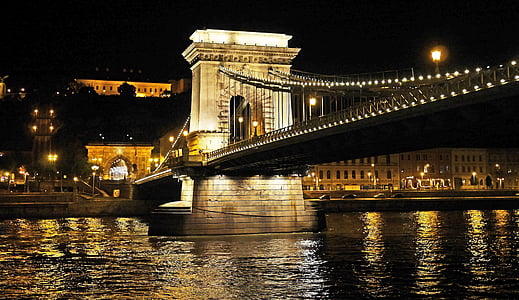 Boedapest bij nacht, Kettingbrug, Burgberg tunnel, pijler, passage van het schip, Transit, Donau