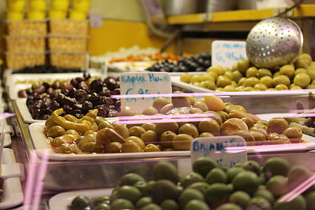 olives, market, spain, barcelona, farmers local market, green, green olives