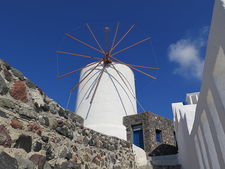 Санторини, вятърна мелница, синьо небе, Гърция