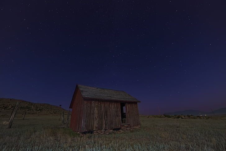 blue, grass, mountains, night, shed, sky, stars