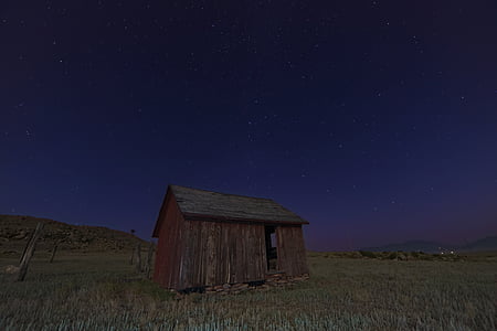blue, grass, mountains, night, shed, sky, stars