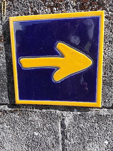 arrow, direction, brand, east, hiker, pavement, sign