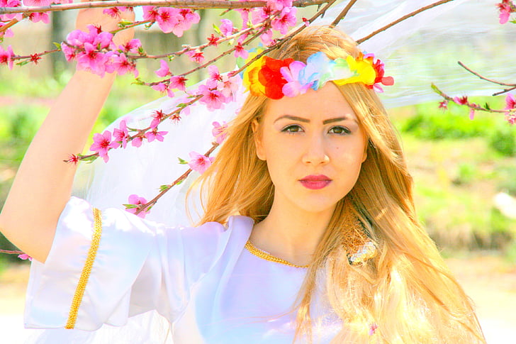djevojka, plava kosa, princeza, drvo, cvijeće, proljeće, priča