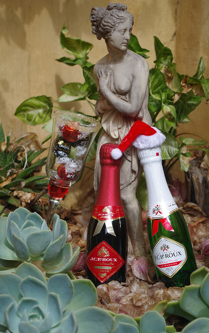 Champagne, decoración de la Navidad, mesa de Navidad, Navidad