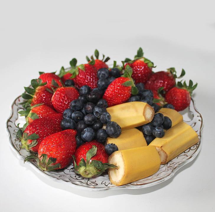 frukt, jordbær, bær, blåbær, dessert, bananer, sunn mat